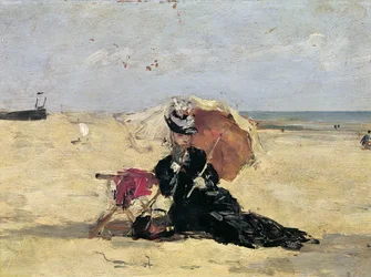 Frau mit Sonnenschirm am Strand, 1880